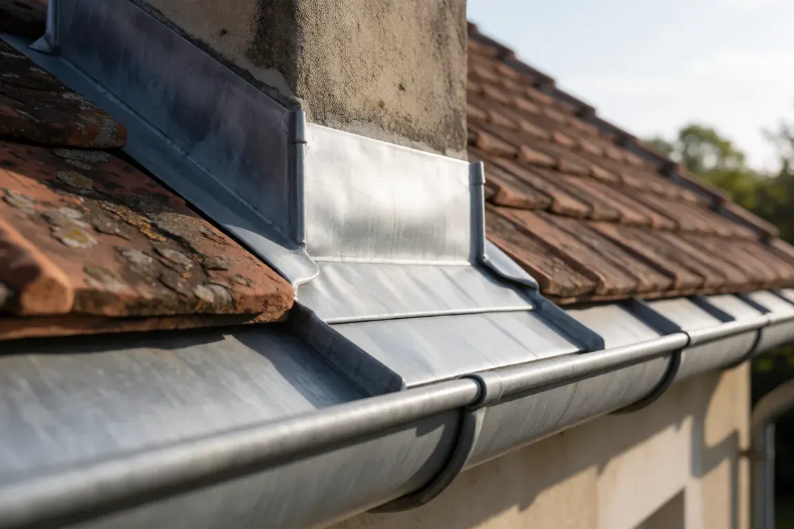 Détail d'une gouttière et d'un raccord en zinc, photo d'illustration