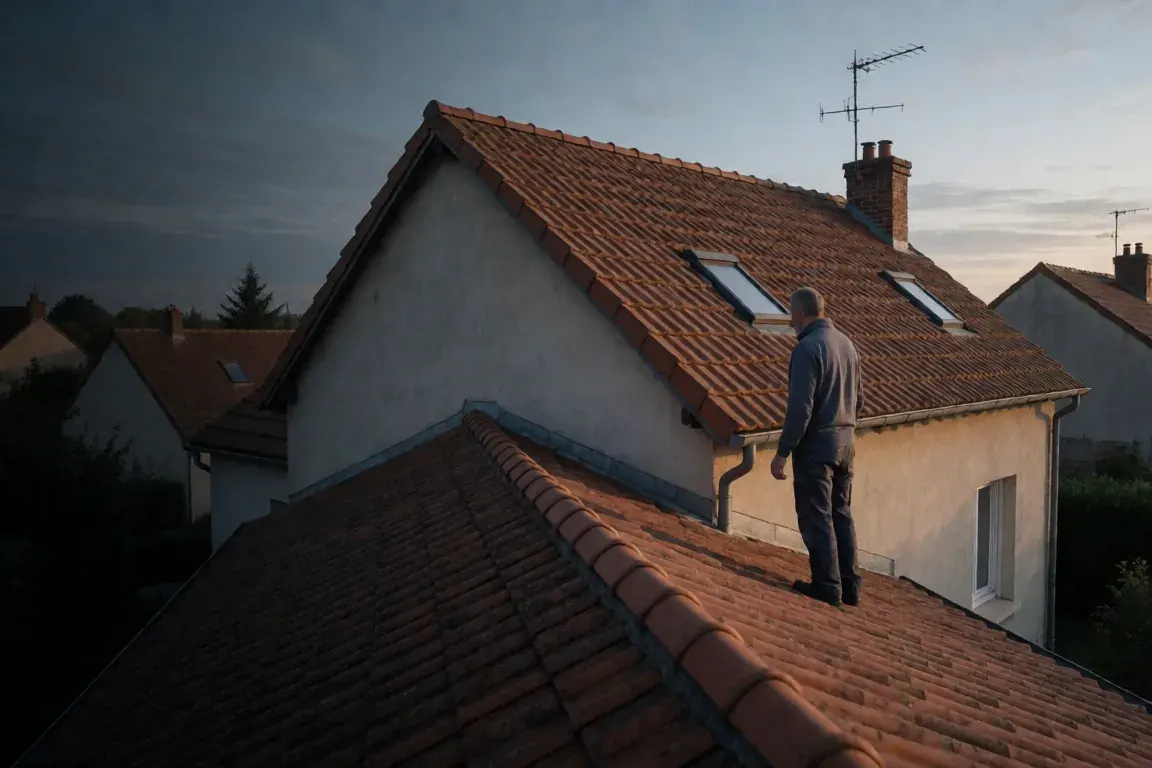 Couvreur observant une toiture en tuiles, photo d'illustration