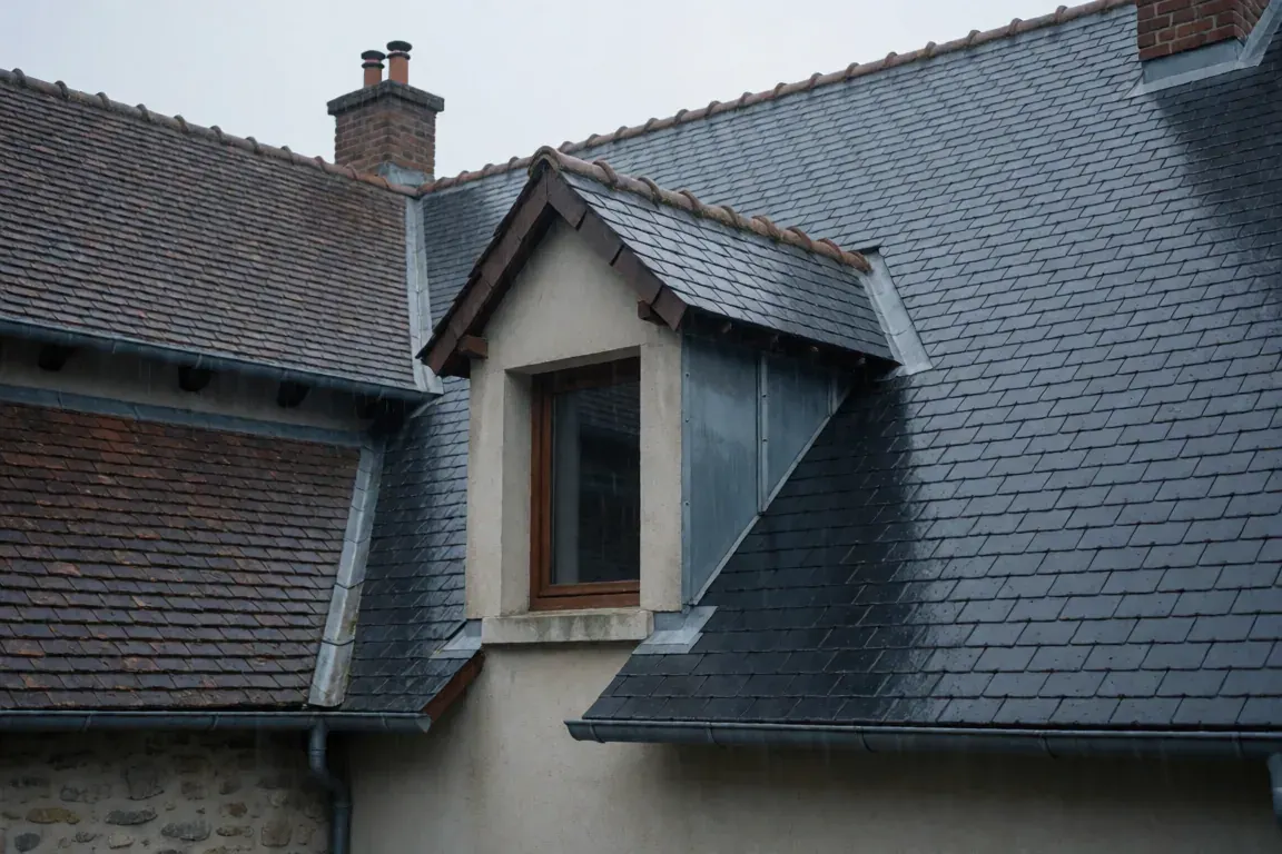 Toiture en ardoise et évacuation d'eau sous une pluie légère