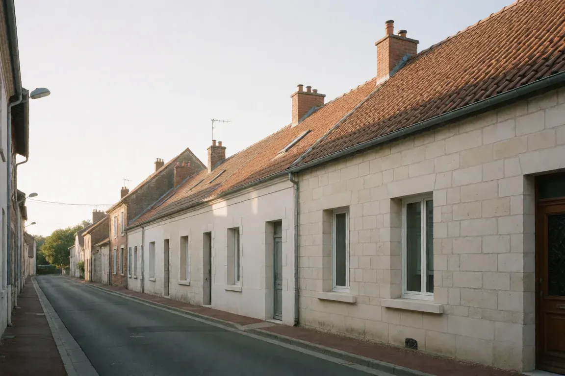 Alignement de toitures en tuiles dans une rue française, photo d'illustration